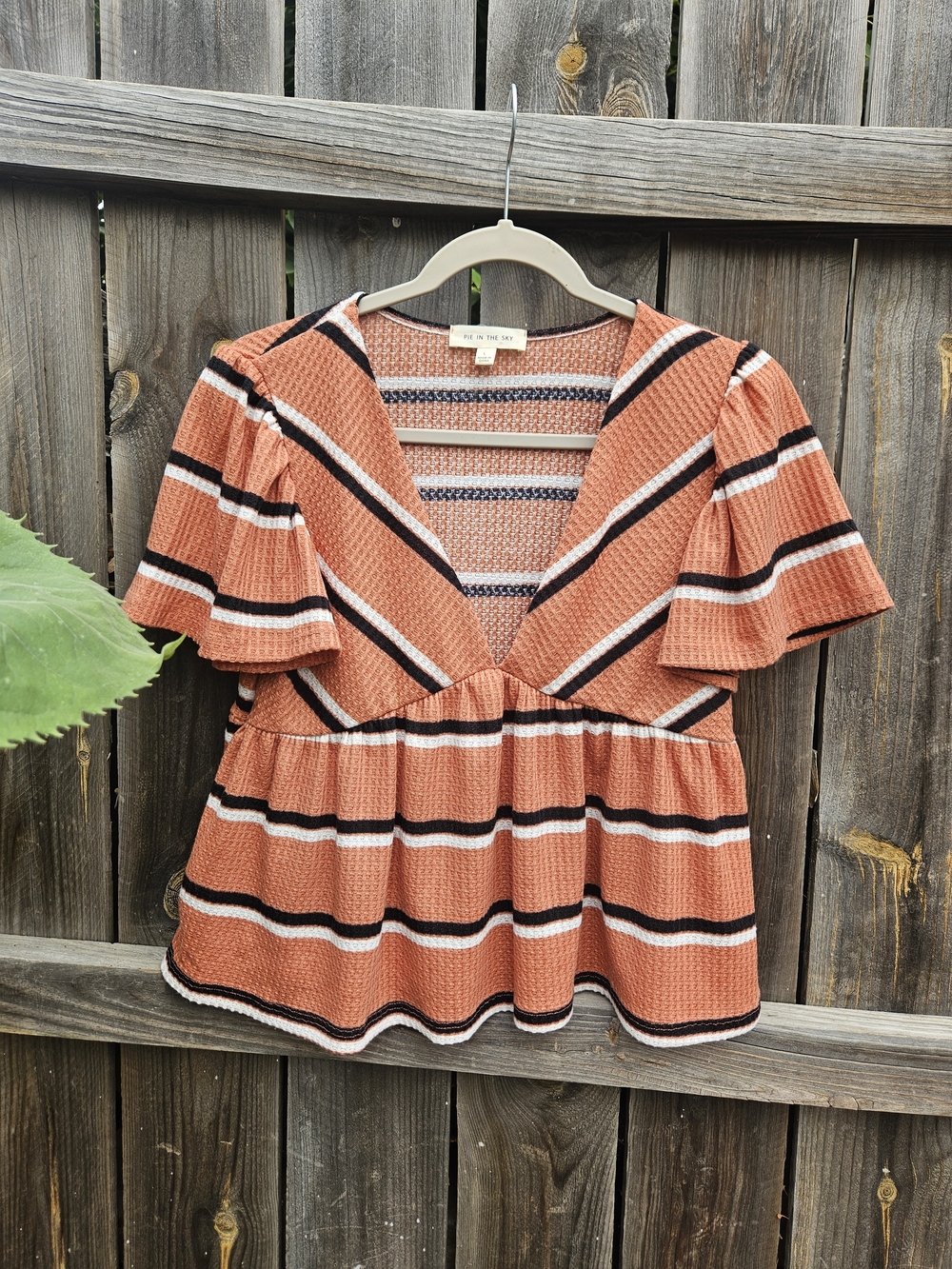 Babydoll Peplum Shirt Empire waist v-neck size Large flutter sleeve stripe Fairy